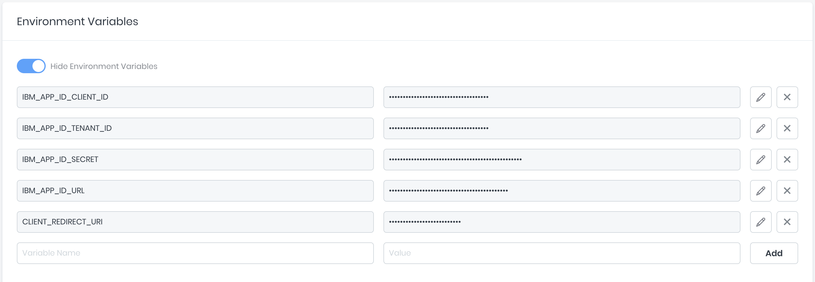 Environment variables manager in the 8base Management Console